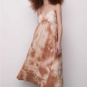 Zara lace embroidered top cinnamon brown to Cream hand dyed Slip maxi Dress 6